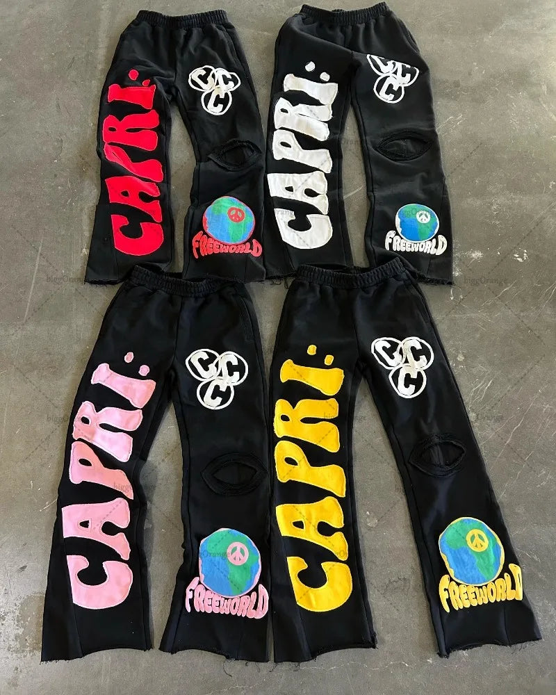 American Street Hip-hop Embroidered Wide-leg Pants Men High