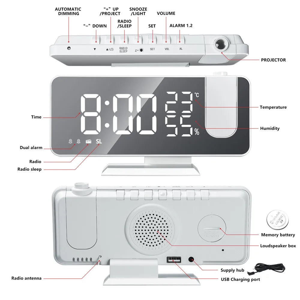FM Radio Digital Alarm Clock Temp Humidity with 180° Time Projector Electronic Table Clock 12/24H Snooze Projection LED Clock