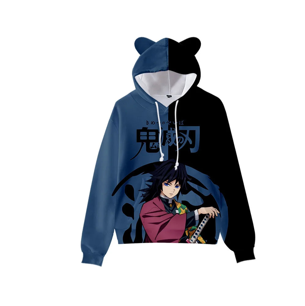 Anime Demon Slayer Hoodies Women Cat Ears Cartoon