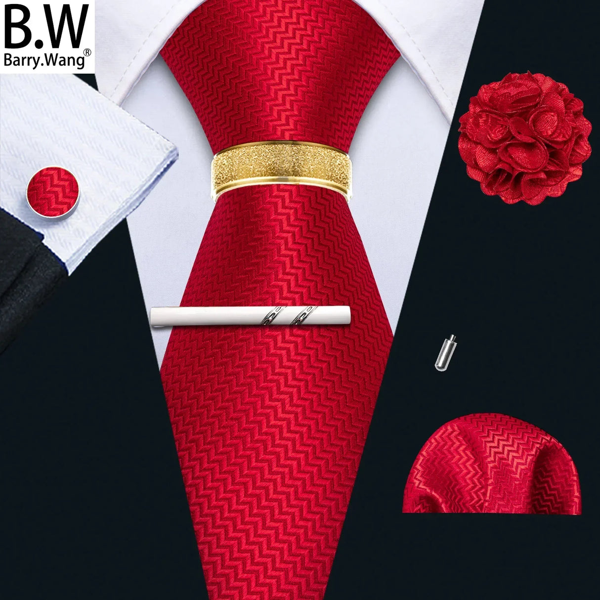 Barry.Wang Silk Mens Tie Hanky Cufflinks Clip Brooch