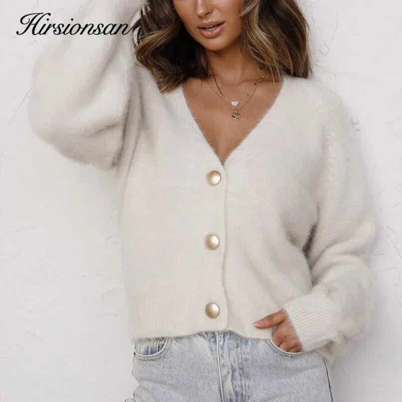 Hirsionsan Elegant Long Sleeve Mohair Sweater Women 2023