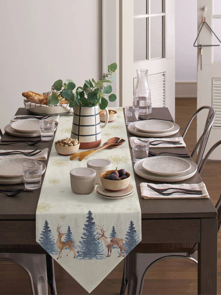 Christmas Snowflake Elk Linen Stain Resistant Table Runner