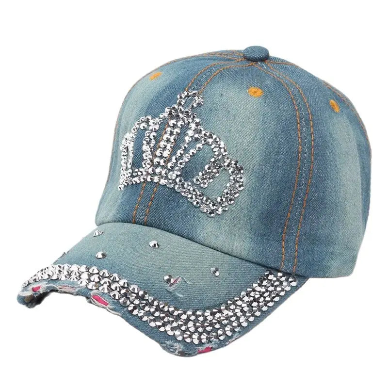 Women Bling Tiara Distressed Denim Baseball Cap Rhinestones