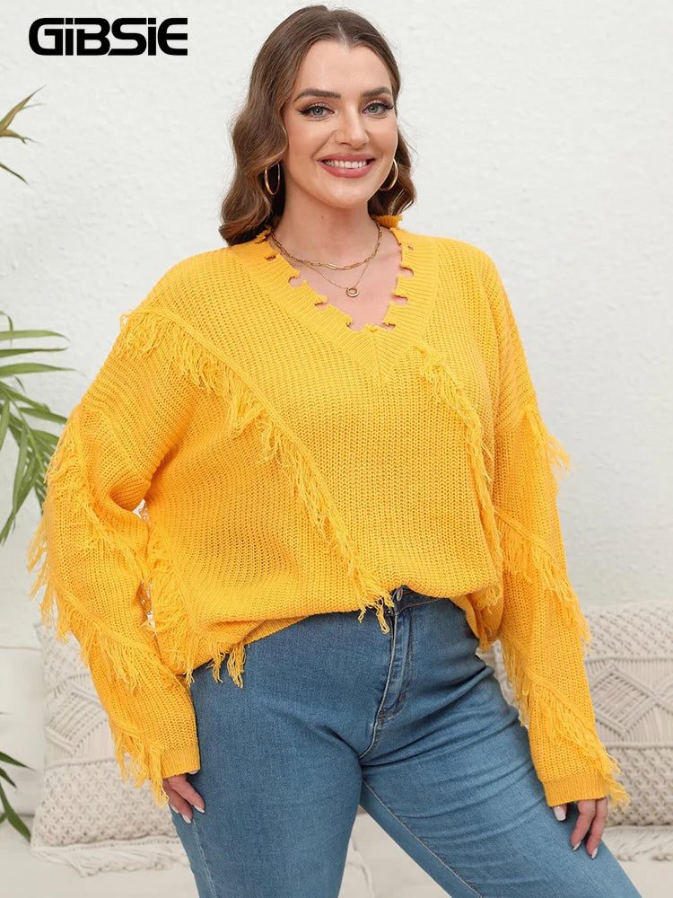 GIBSIE Plus Size V Neck Long Sleeve Pullover