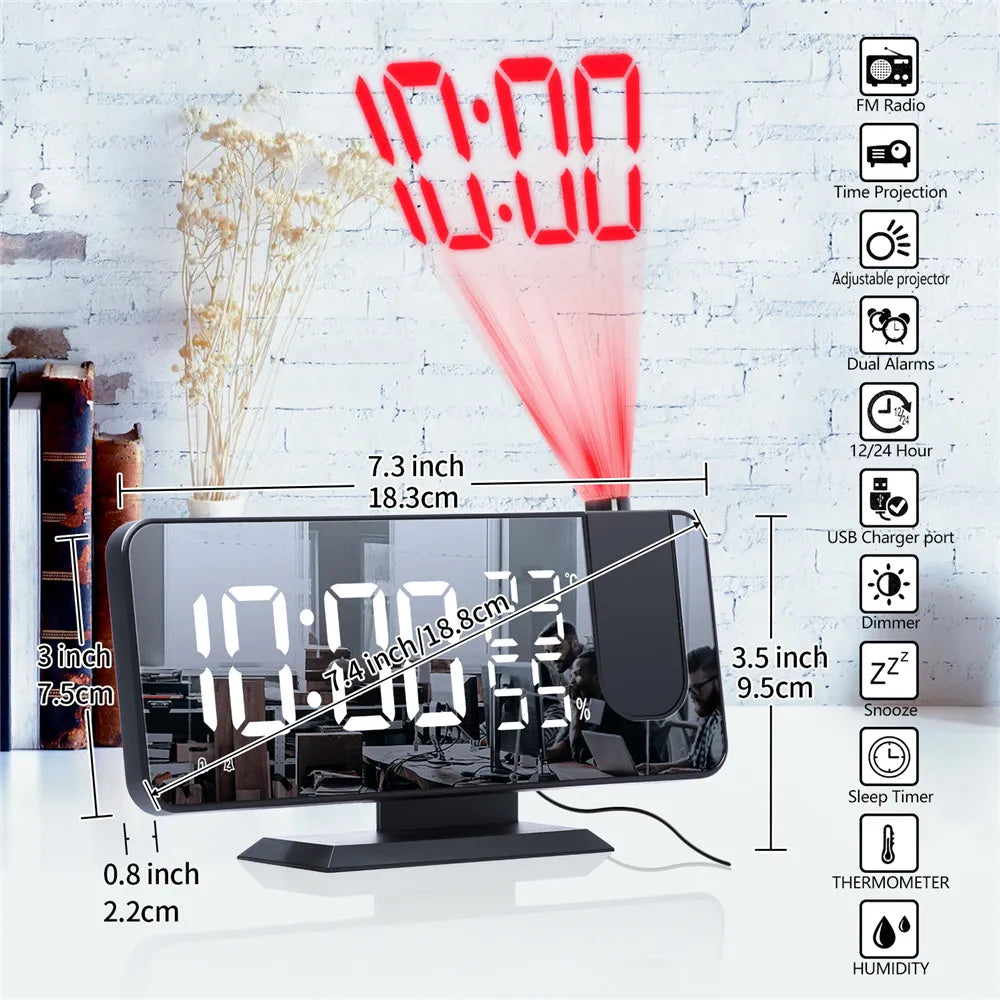 FM Radio Digital Alarm Clock Temp Humidity with 180° Time Projector Electronic Table Clock 12/24H Snooze Projection LED Clock