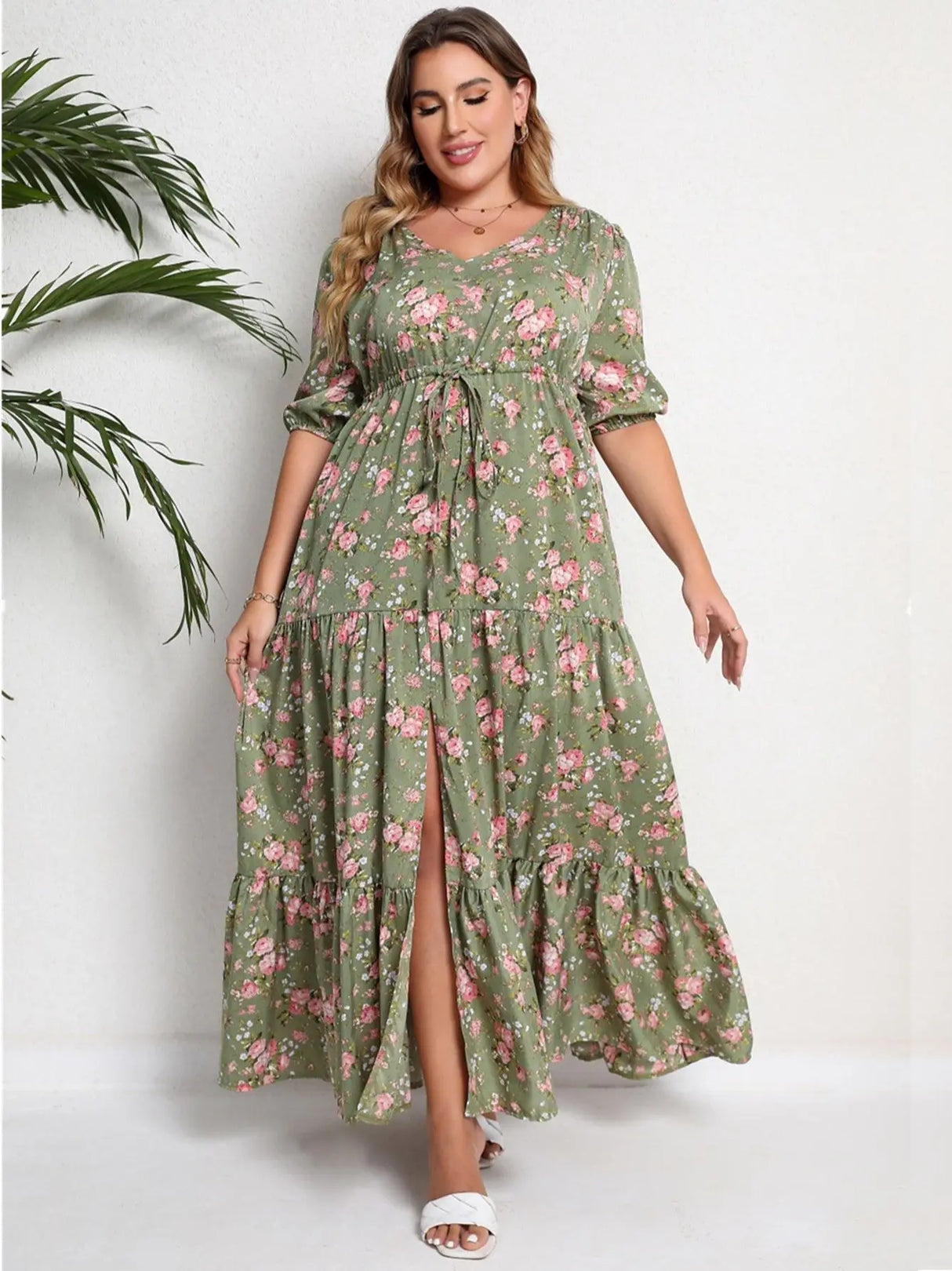 Plus Size Floral Print Half Sleeve Split Hem