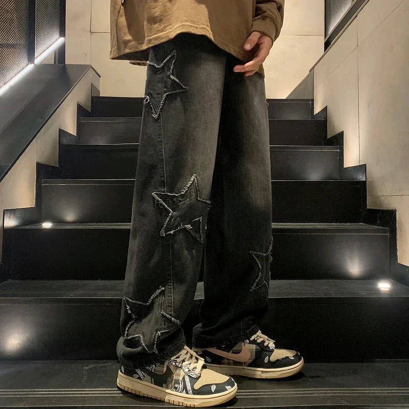Star Embroidery Straight Casual Men Jeans Gothic Neutral