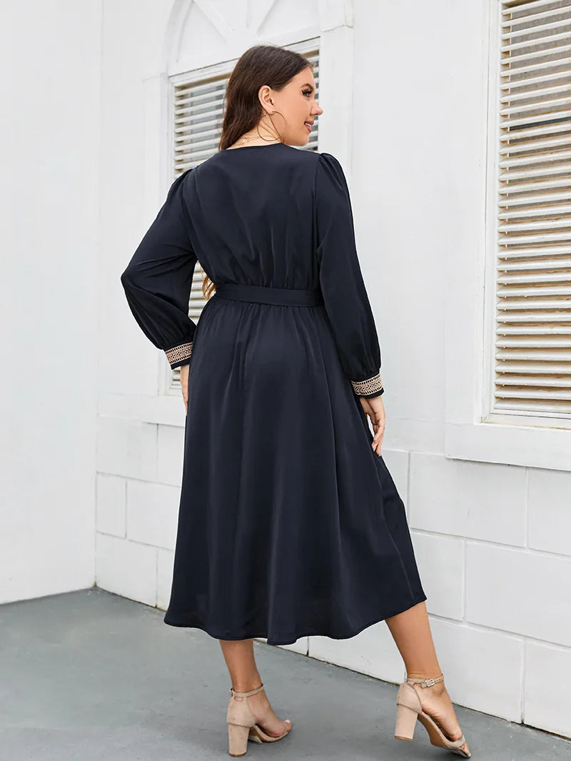 Plus Size Women Dress V Neck Long Sleeves