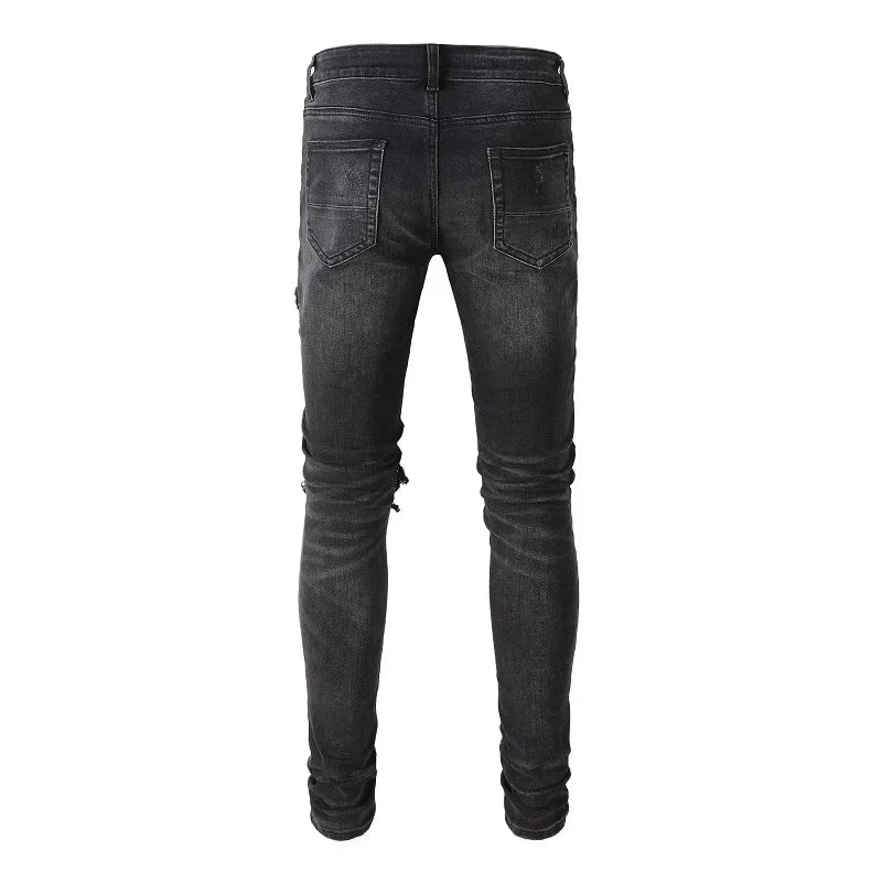 Men Cracked Leather Patch Biker Jeans Streetwear Pleated