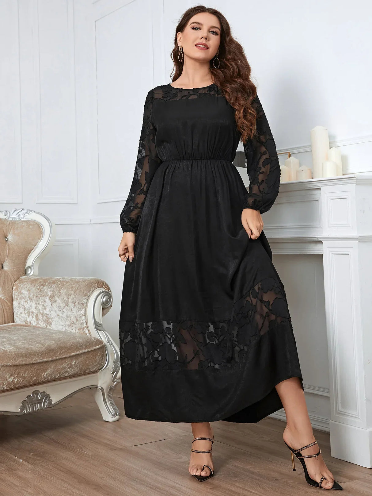 Plus Size Lace Women Dress See Through Long