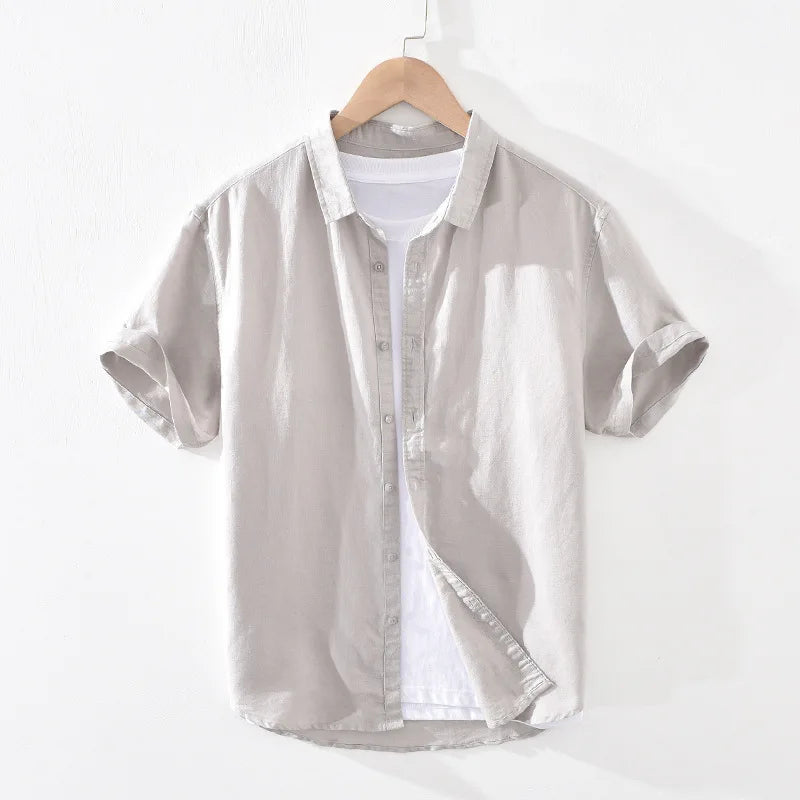 Summer Cotton Linen Short Sleeve Shirts Men Casual