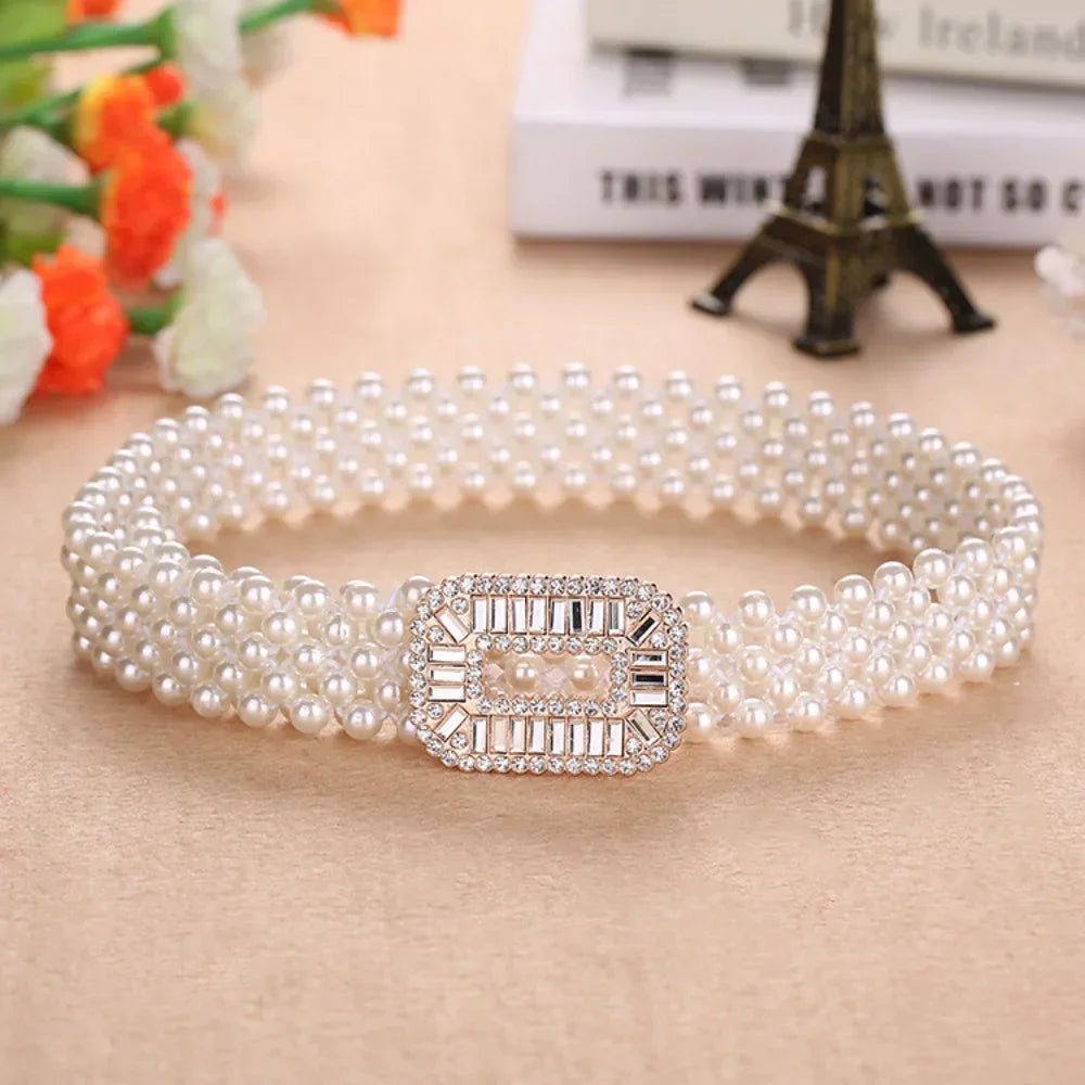 Elegant Women Pearl Waist Belt Elastic Buckle Pearl