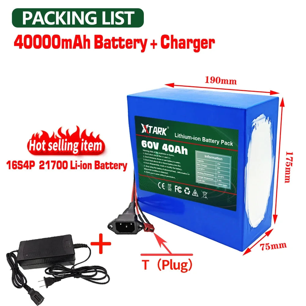 New 60V 20Ah 21700 Lithium Battery Pack 16S4P