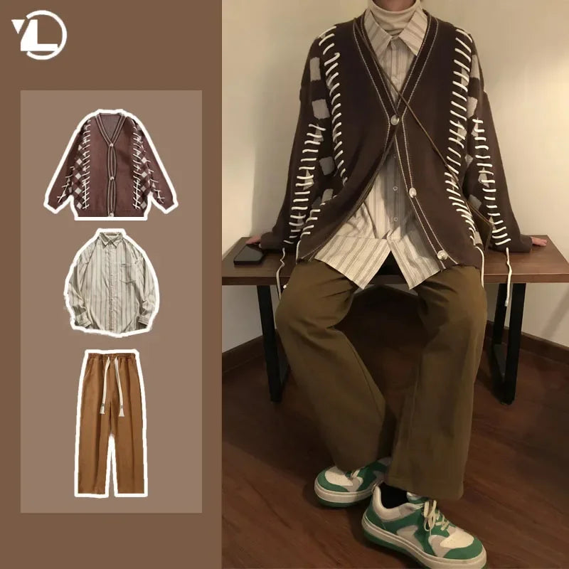 Men Casual Sweater Set Vintage Checkerboard Cardigan+Striped Long