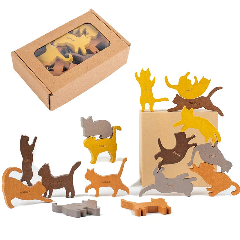Montessori Stacking Blocks Wooden Toys Cat Balancing Games