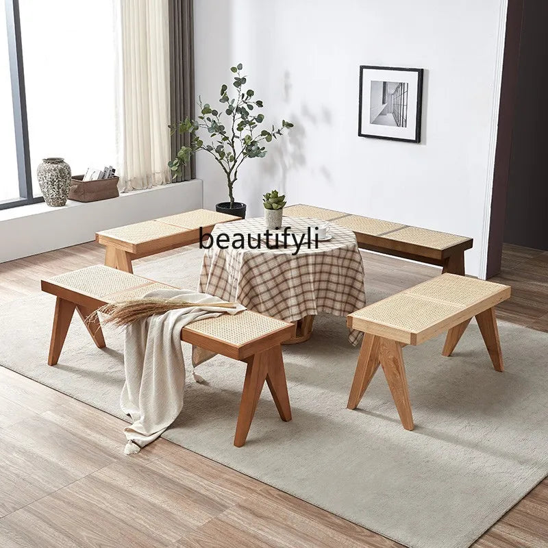 Solid Wood Rattan Home Shoe Changing Stool Modern