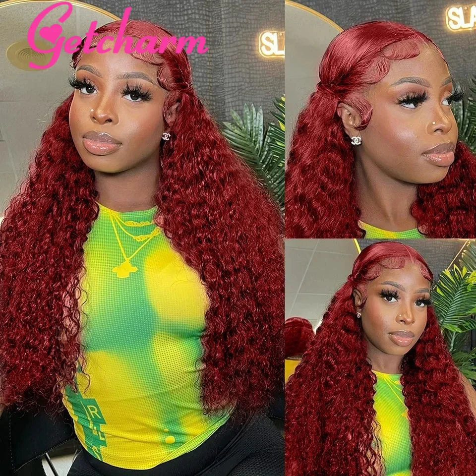 weargo 99J Burgundy Curly Lace Wigs Human Hair
