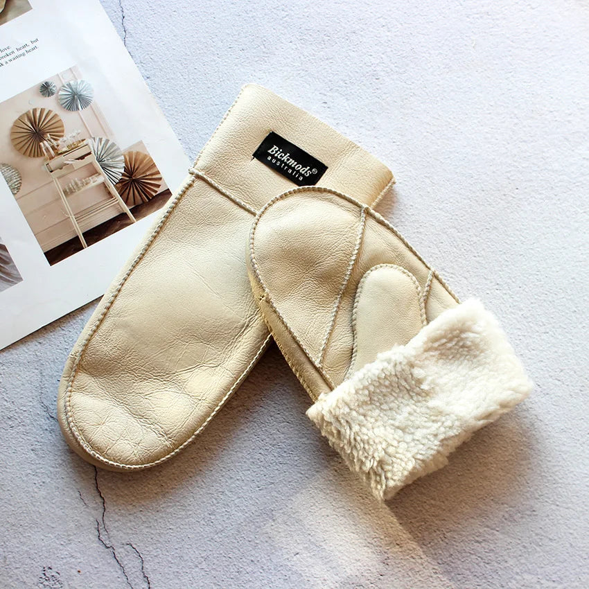 Sheepskin Fur Mittens Women's Leather Wool Color Winter