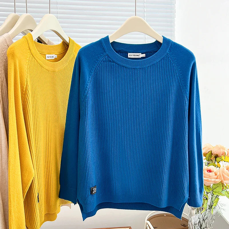 Simple Label Hem Slit Knit Sweater Womens Plus