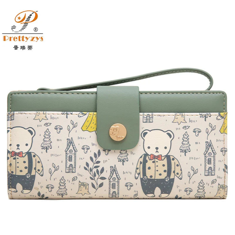 Cute Bear Cartoon PU Leather Lady Long Hand Holding Large-Capacity Card Holder Women`s Wallet Girl Fashion Coin Purse Wristband