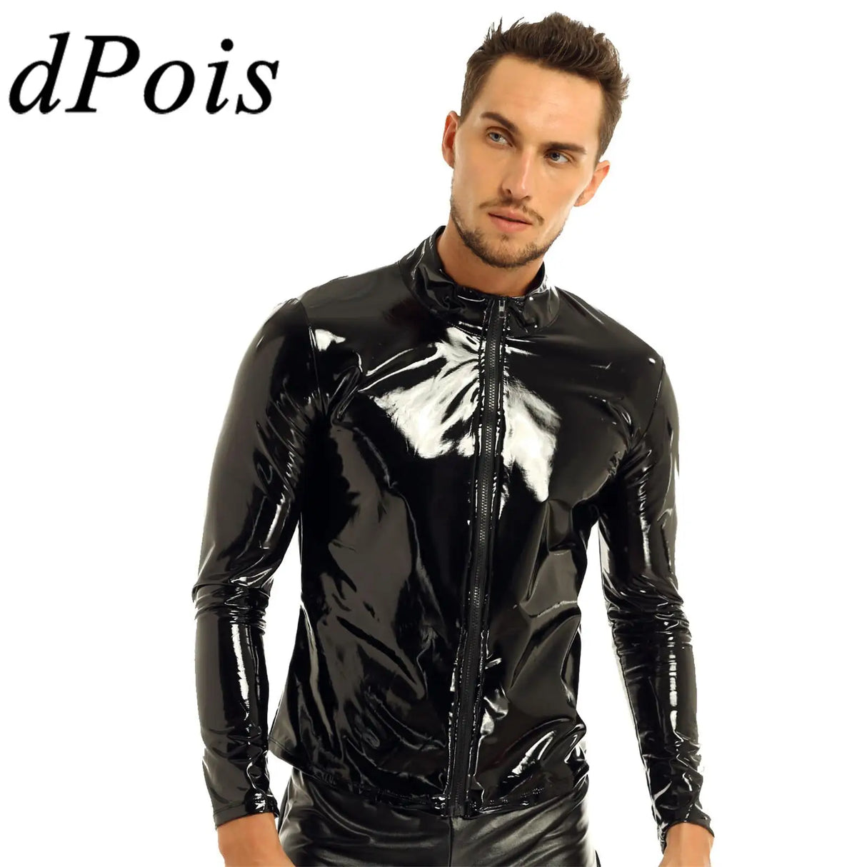 Men Wet Look Patent Leather Coat Long Sleeve