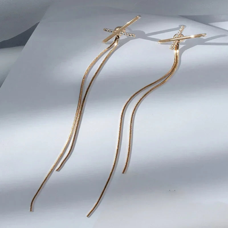 2023 Simple Cross Long Chain Tassel Drop Earrings