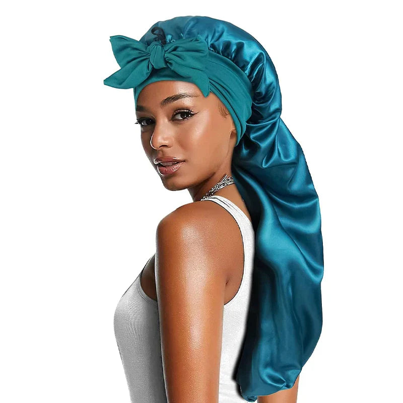 Women Satin Bonnets Adjustable Long Barrel Nightcap Solid