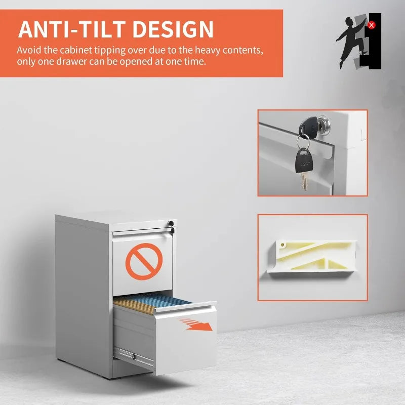 IKIMI 2 Drawer File Cabinet,White Metal Filing Cabinets