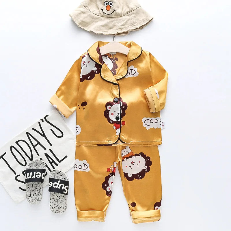Toddler Girls Silk Satin Pajamas Sets Cartoon Kids