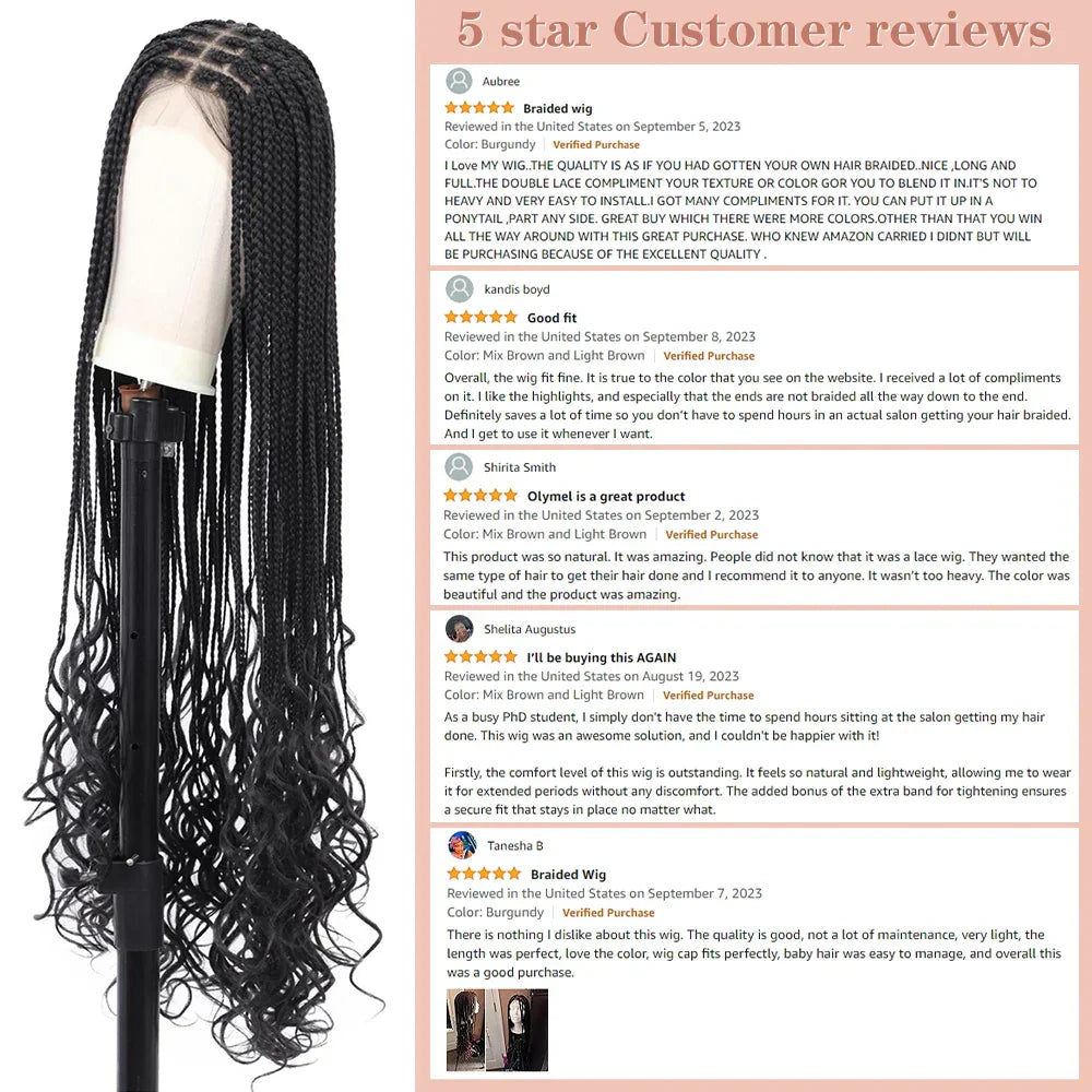 Kaylss 38‘’ Full Double Lace Front Knotless Box Braided Wigs with Baby Hair Super Long Braids Wig With Curls Ends