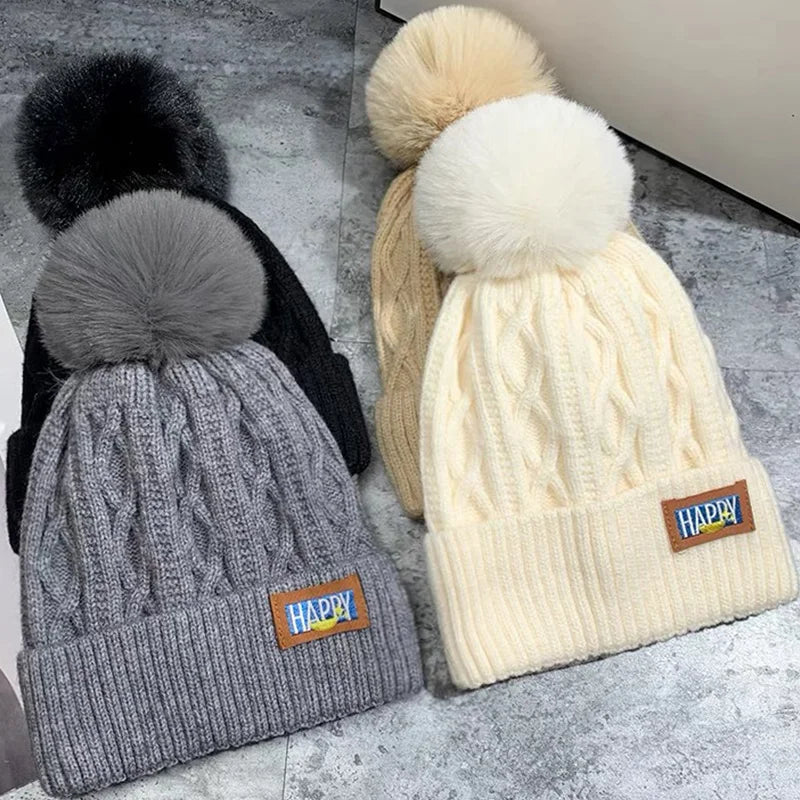 Winter Fur Pom Knitted Beanies Hat Female Plush