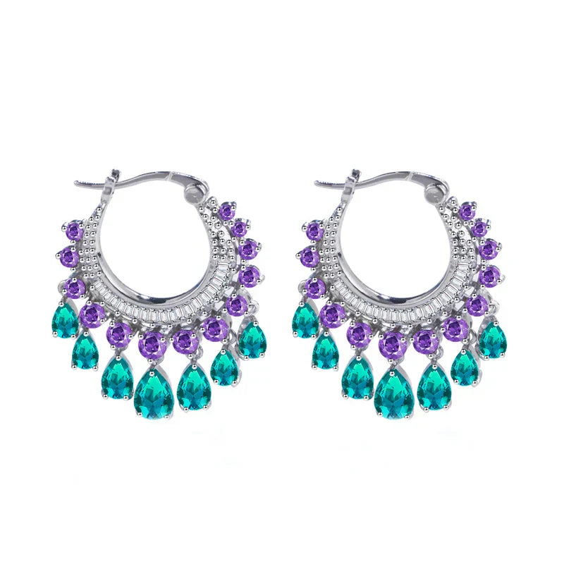 CWWZircons Brilliant CZ Crystal Green Dangling Fringed Waterdrop