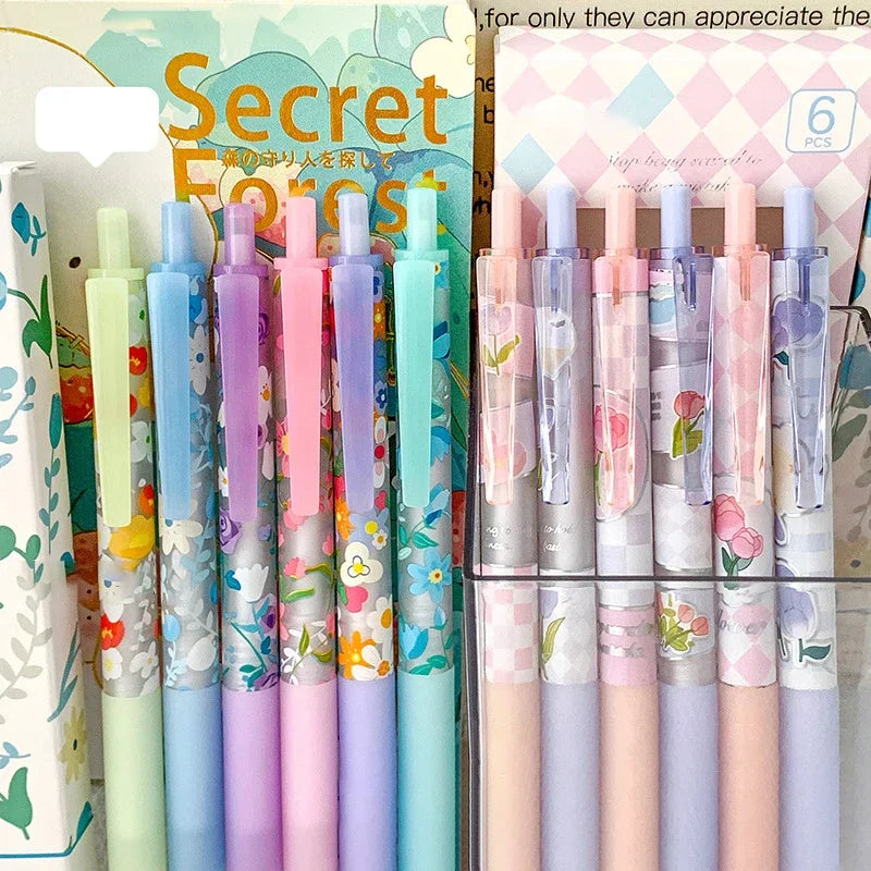 6pcs Floral Gel Pens Set Transparent 0.5mm Black