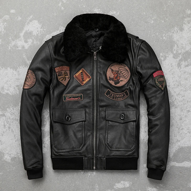 Detachable Natural Fur Collar Genuine Cowhide Men Leather