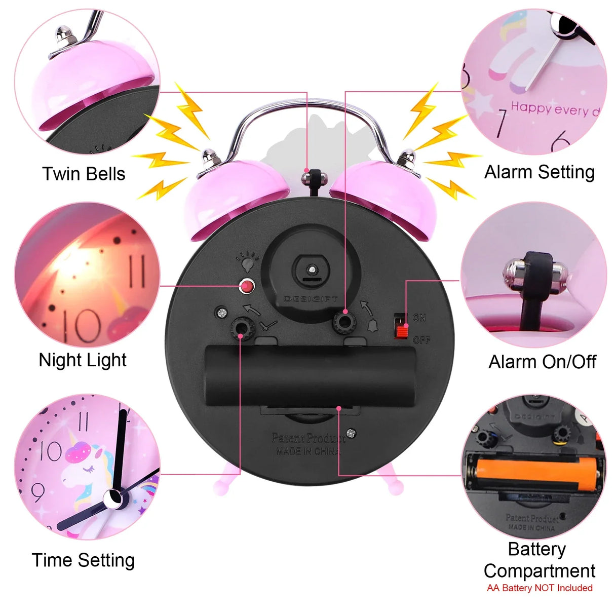 Pink Unicorn Children's Alarm Clock Cartoon Desktop for