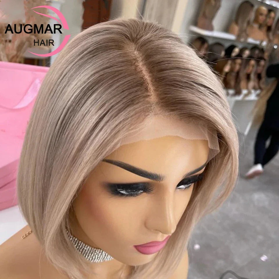 Ash Blonde Bob Highlight Wig Human Hair 360