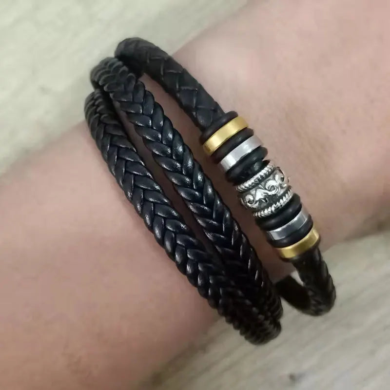 Leather Magnetic Buckle Bangle Braided Bracelet Titanium Steel Men‘s Bracelet Vintage Kpop Bangles Bracelets for Men Women Gift