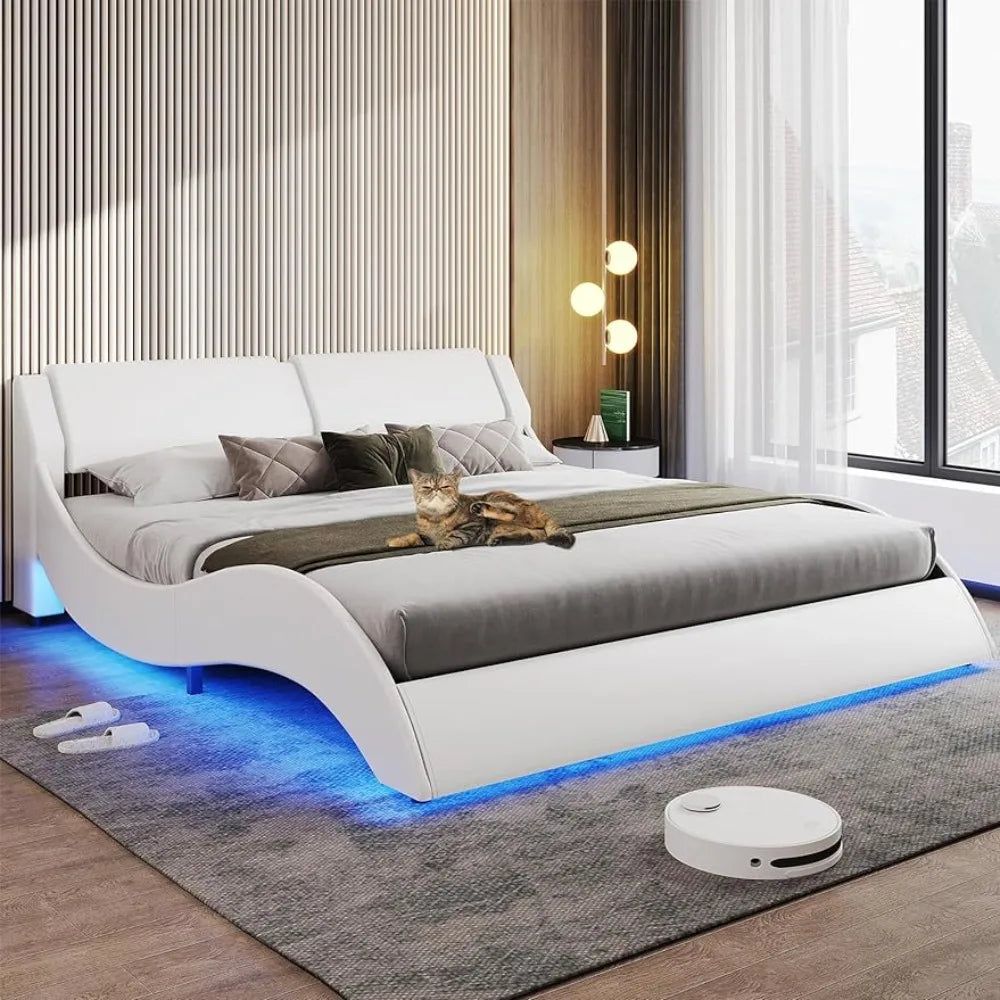 Bed Frame, Large with Headboard, Modern Upholstered Platform,