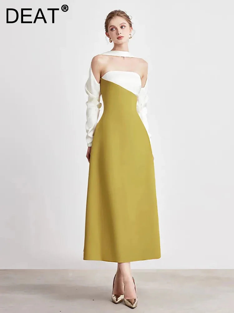 DEAT Elegant Dress Strapless Off Shoulder Contrast Color