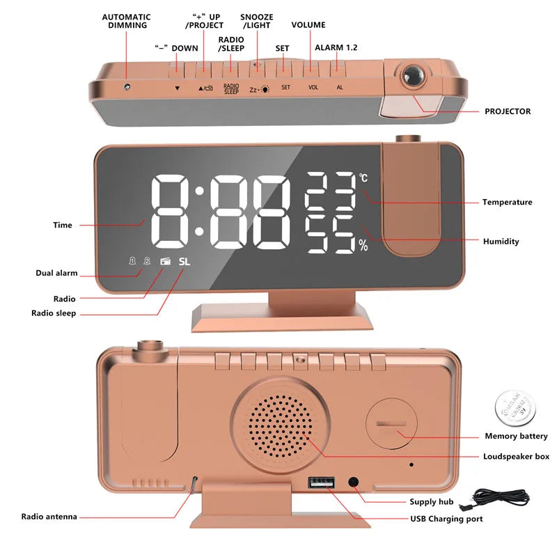 FM Radio Digital Alarm Clock Temp Humidity with 180° Time Projector Electronic Table Clock 12/24H Snooze Projection LED Clock