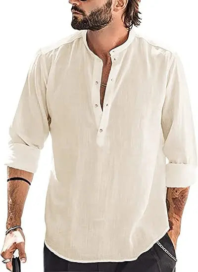 Casual Men's Fashion Stand Collar Cotton Linen Loose