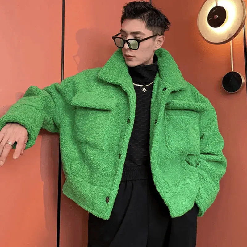 Green Ruffian Jacket for Men Lamb Wool Thickened