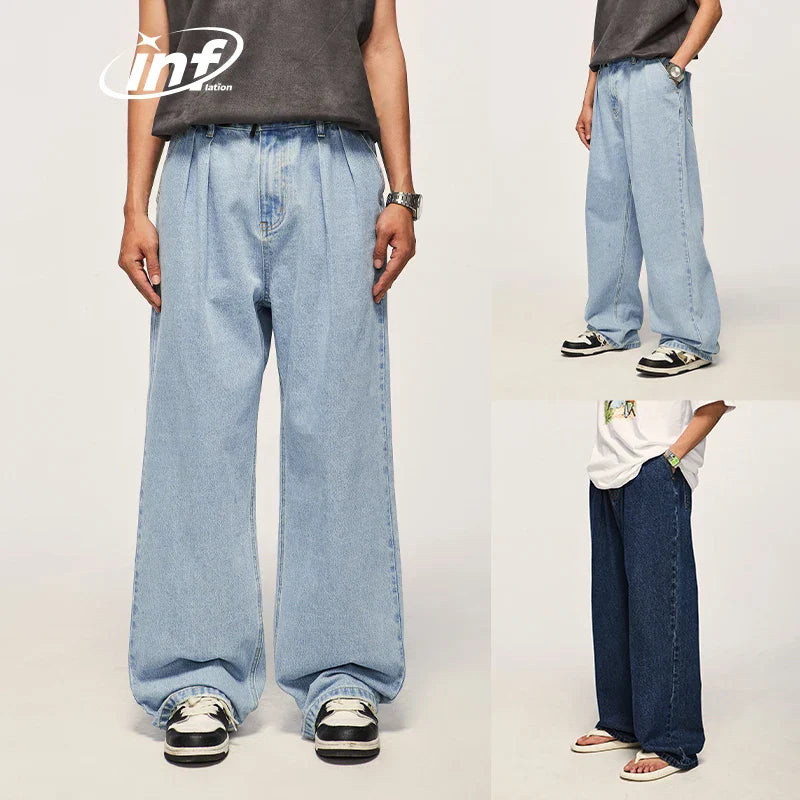 INFLATION Brown Retro Washed Denim Pants Unisex Classic