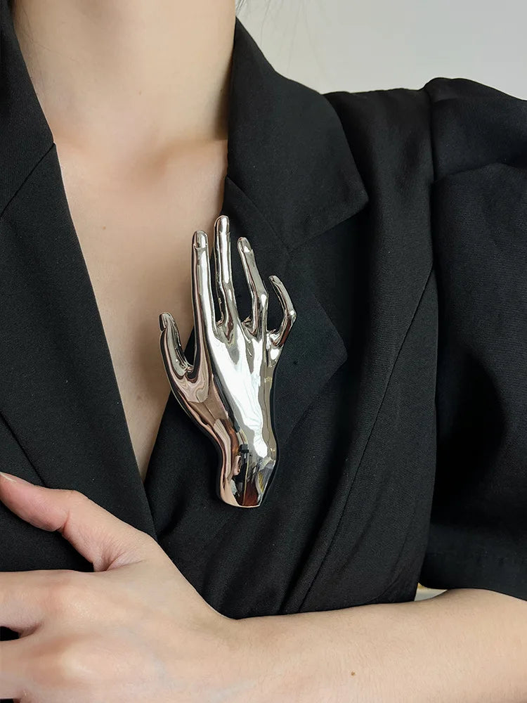Vintage Metal Smooth Double Palm Handshaped Large Broochs