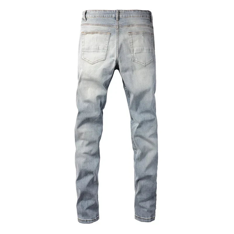 Men Leather Patches Denim Jeans Streetwear Holes Ripped