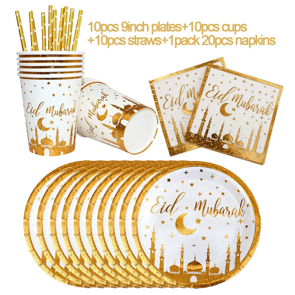 Gold Eid Mubarak Disposable Tableware Star Moon Gilded