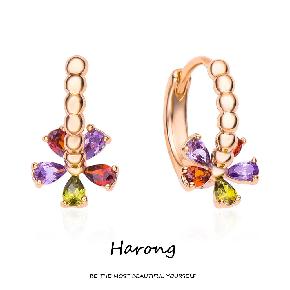 Harong Luxurious Copper Colorful Crystal Flower Hoop Earrings