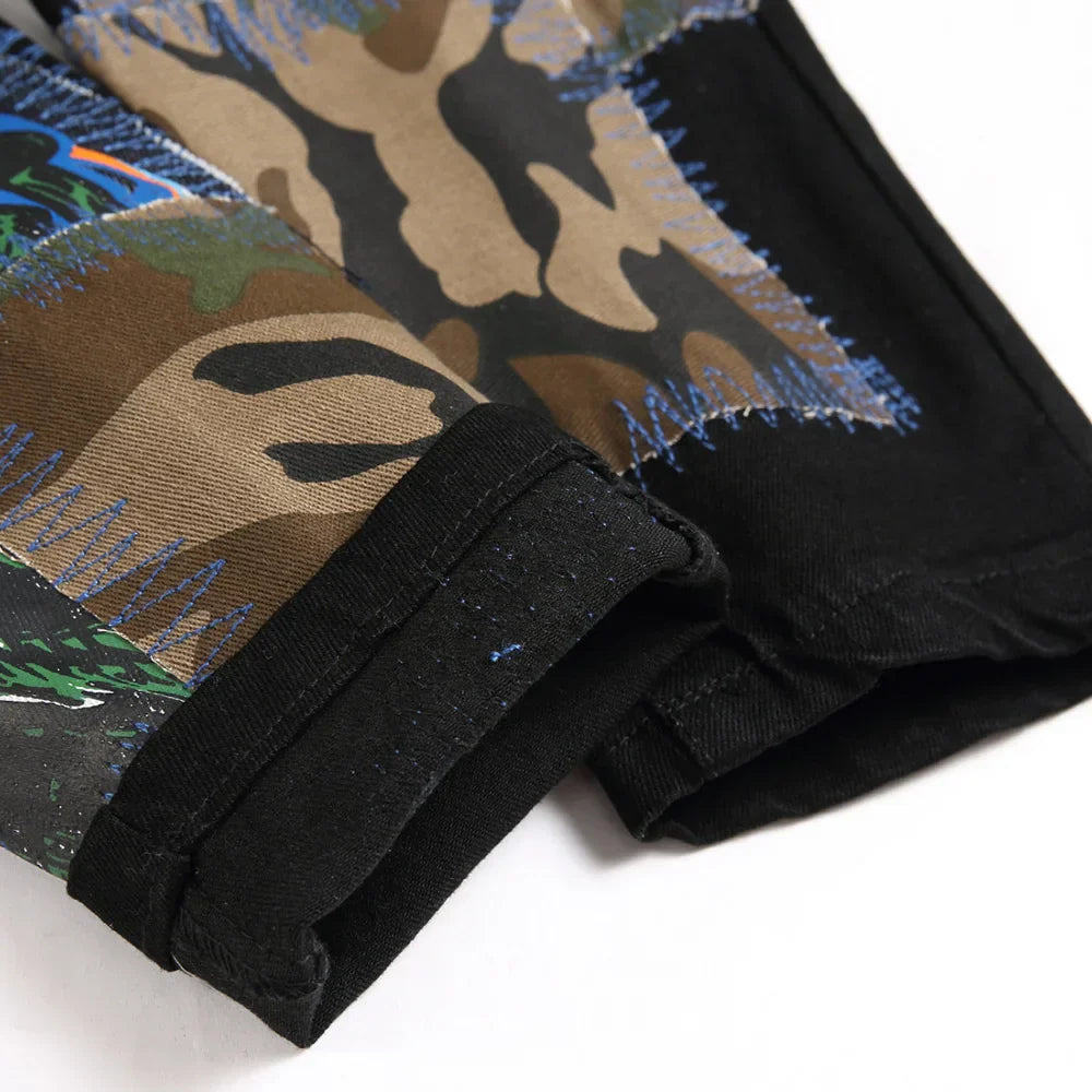 Men Camouflage Patches Stretch Denim Jeans Punk Black