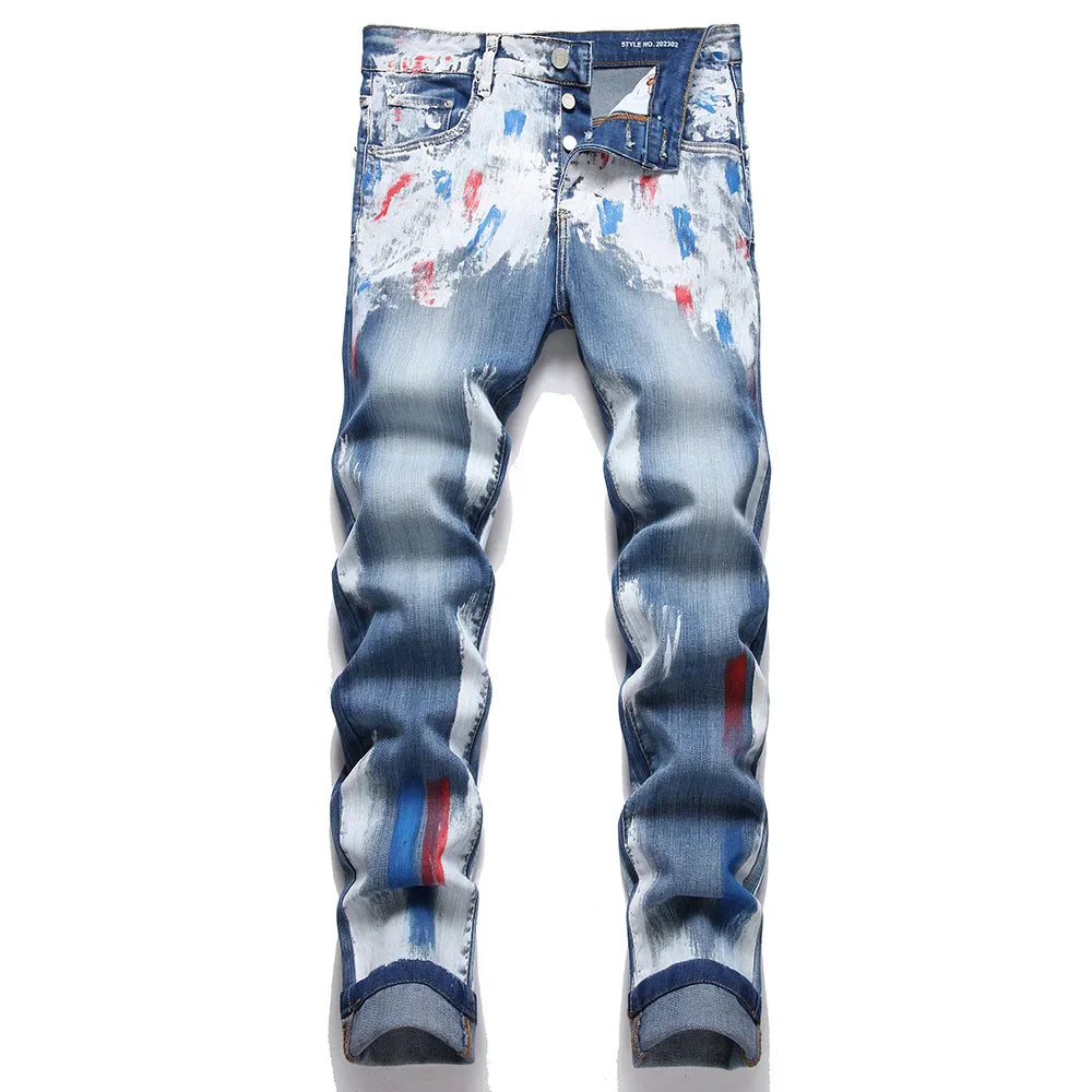 Men's Painted Button Fly Denim Jeans Streetwear Blue