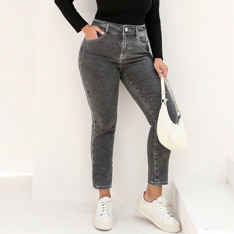 Plus Size Gray Jeans for Women Stretchy High